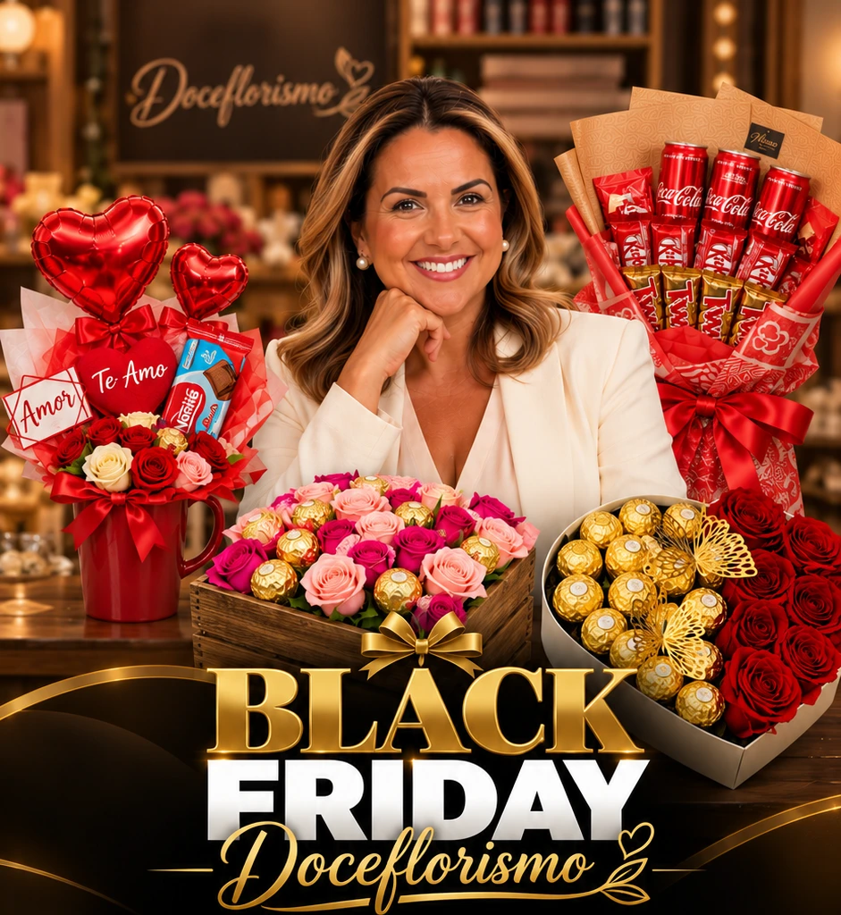Andréia em sua loja, cercada por presentes reais, com a identidade Black Friday Doceflorismo em preto, branco e dourado.